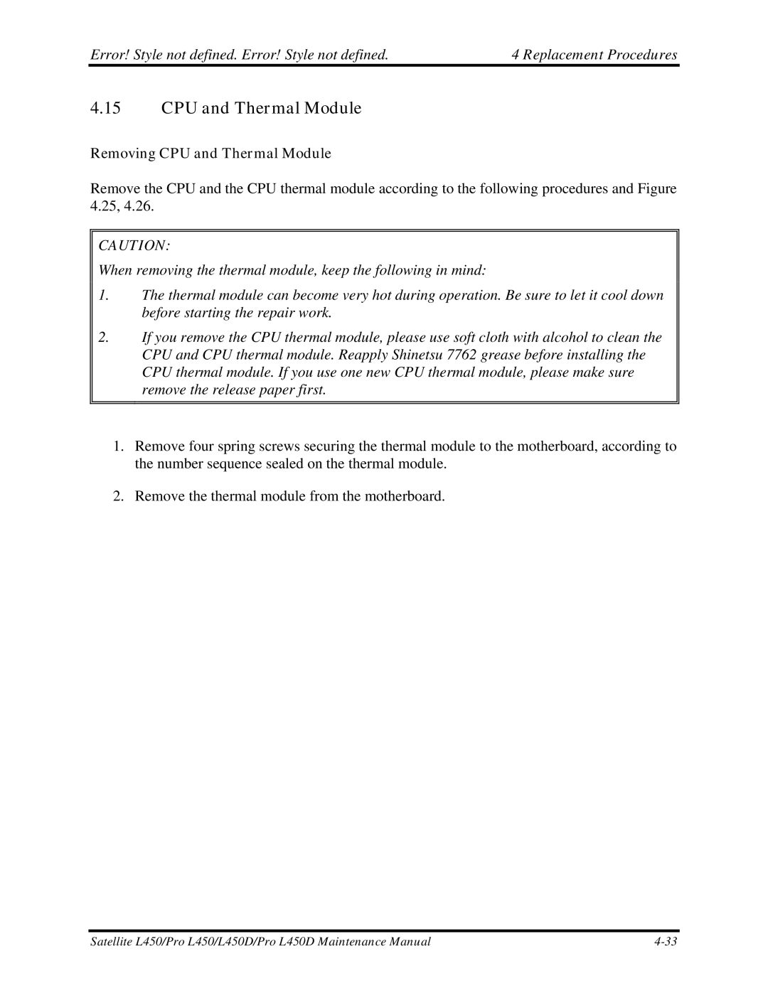 Toshiba PROL450D manual Removing CPU and Thermal Module 