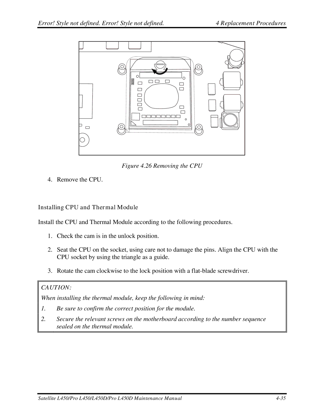 Toshiba PROL450D manual Removing the CPU, Installing CPU and Thermal Module 