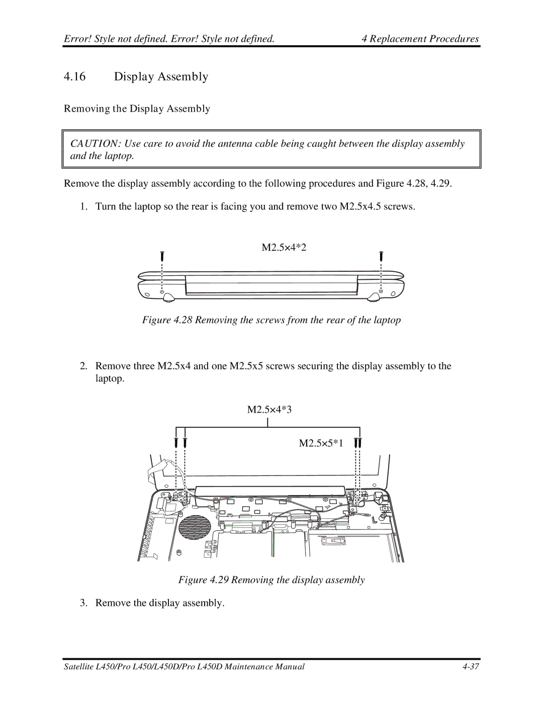 Toshiba PROL450D manual Removing the Display Assembly 