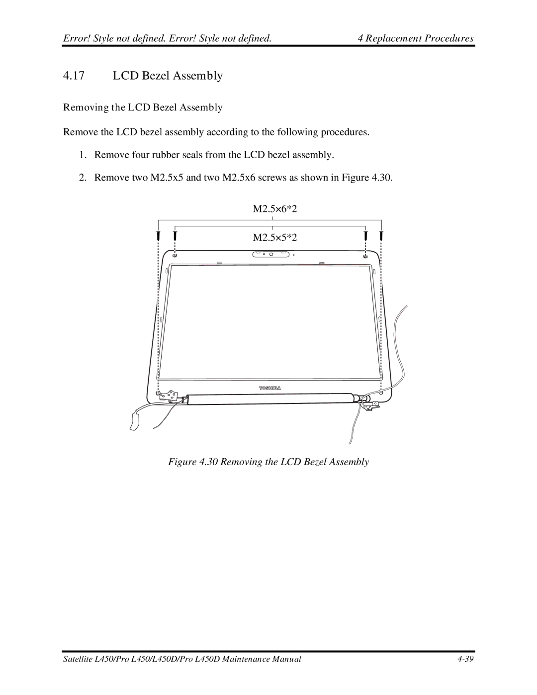 Toshiba PROL450D manual Removing the LCD Bezel Assembly 