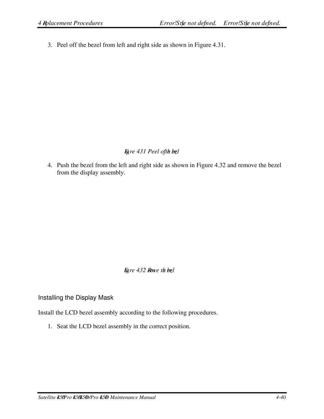 Toshiba PROL450D manual Peel off the bezel, Installing the Display Mask 