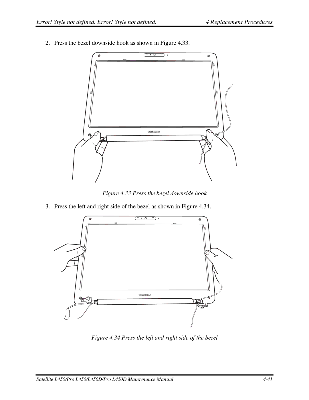 Toshiba PROL450D manual Press the left and right side of the bezel 