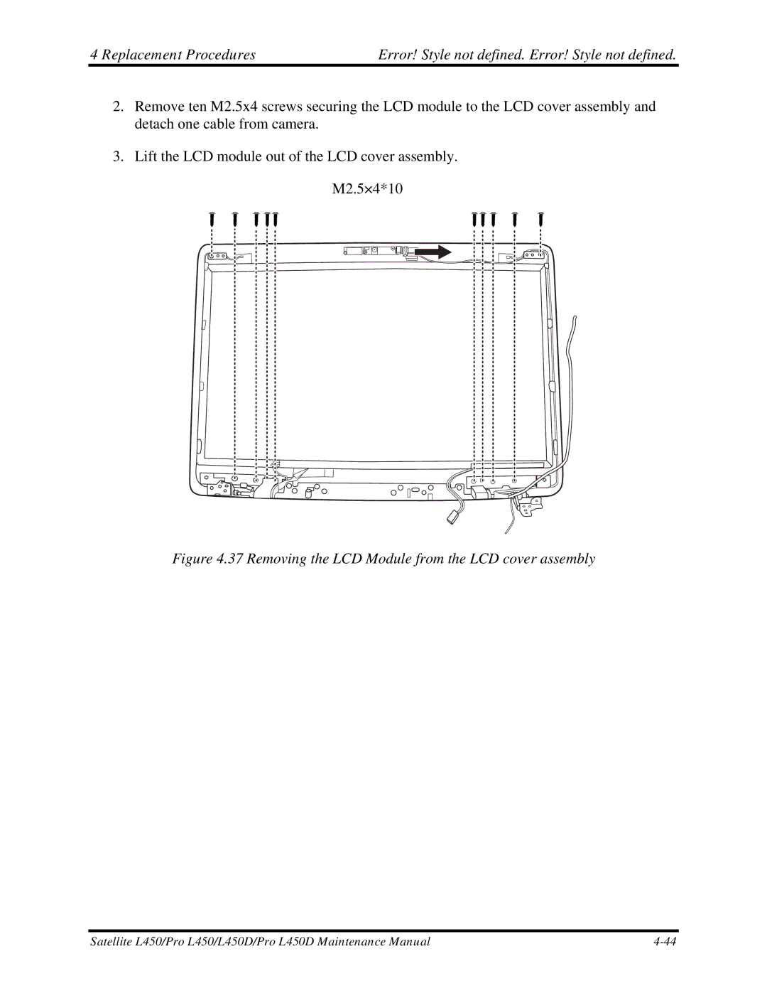 Toshiba PROL450D manual Removing the LCD Module from the LCD cover assembly 