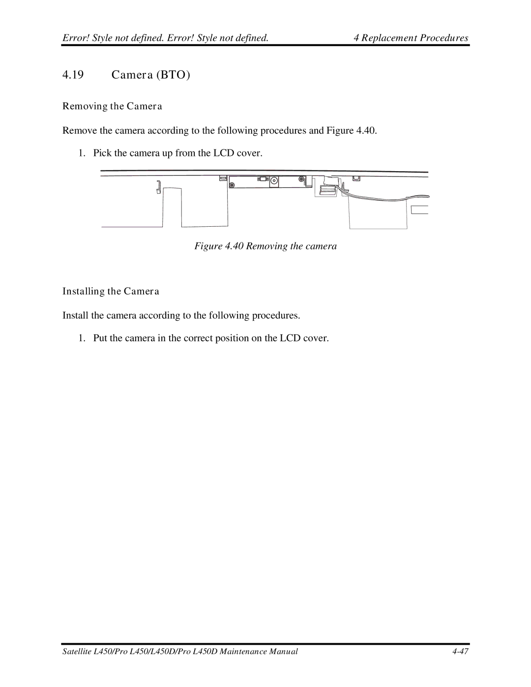 Toshiba PROL450D manual Camera BTO, Removing the Camera, Installing the Camera 