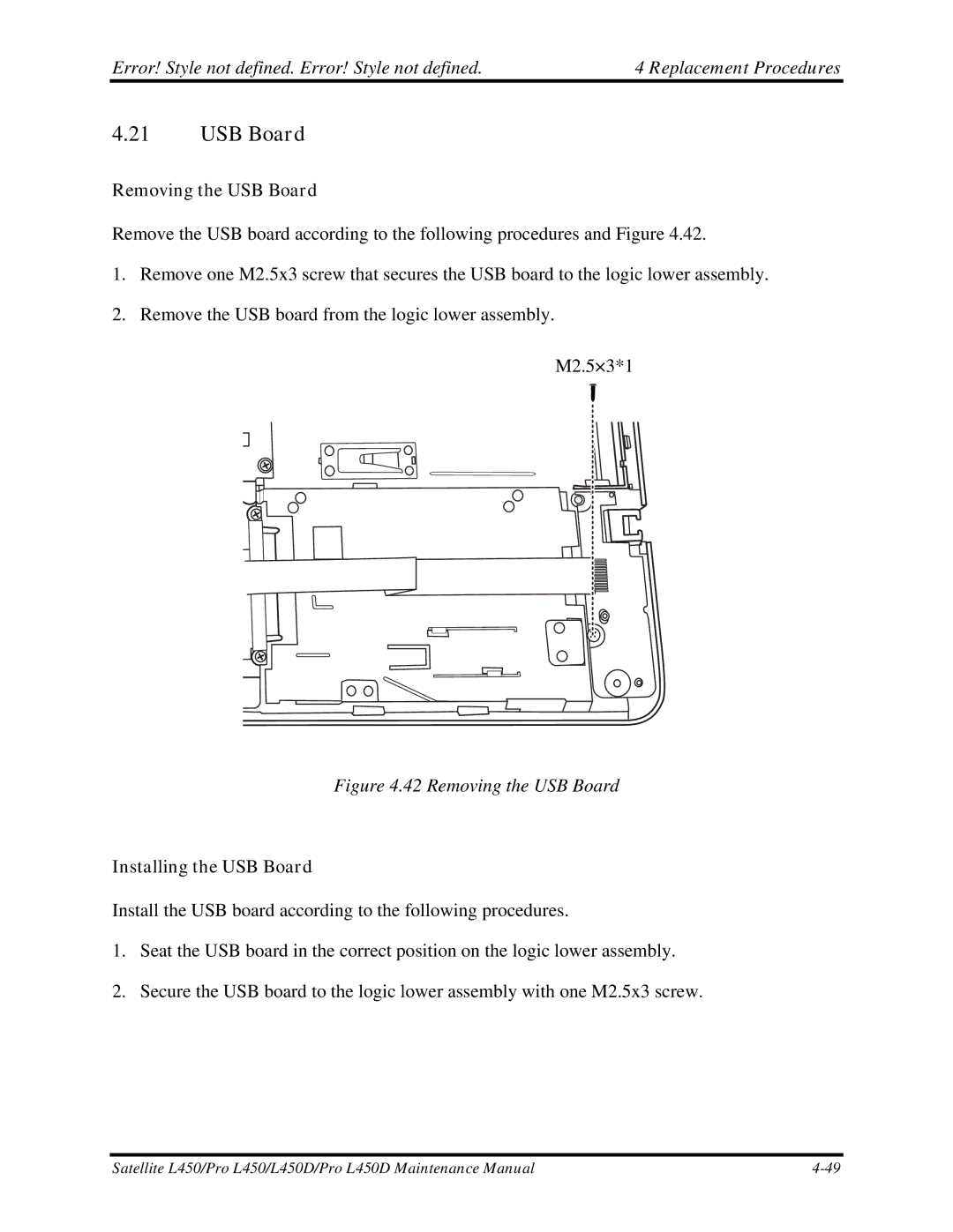 Toshiba PROL450D manual Removing the USB Board, Installing the USB Board 