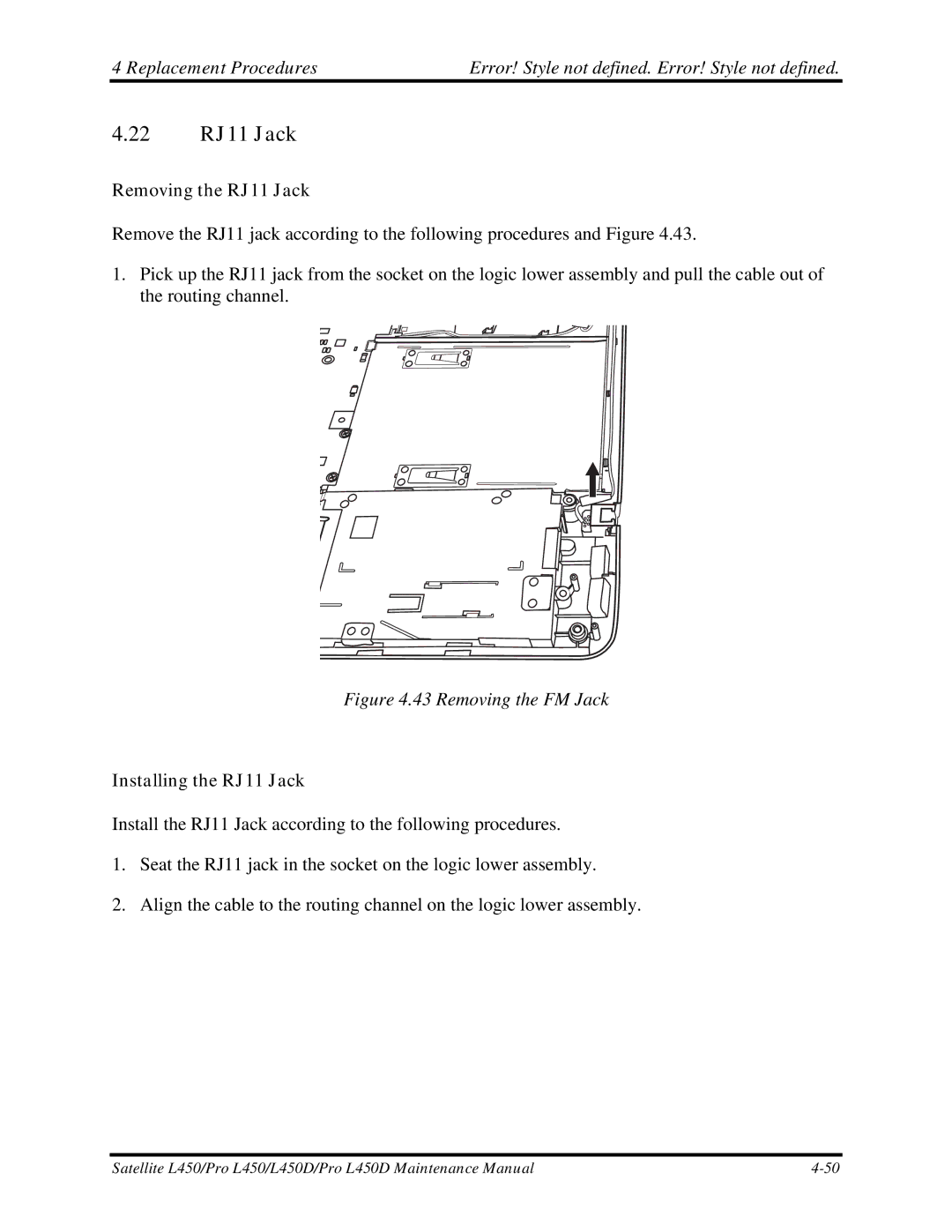 Toshiba PROL450D manual 22 RJ11 Jack, Removing the RJ11 Jack, Installing the RJ11 Jack 