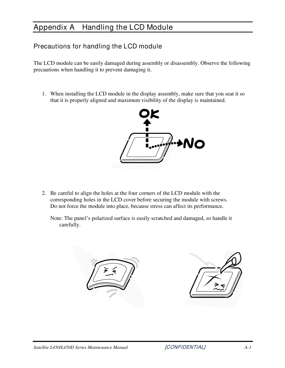 Toshiba PROL450D manual Appendix a Handling the LCD Module, Precautions for handling the LCD module 