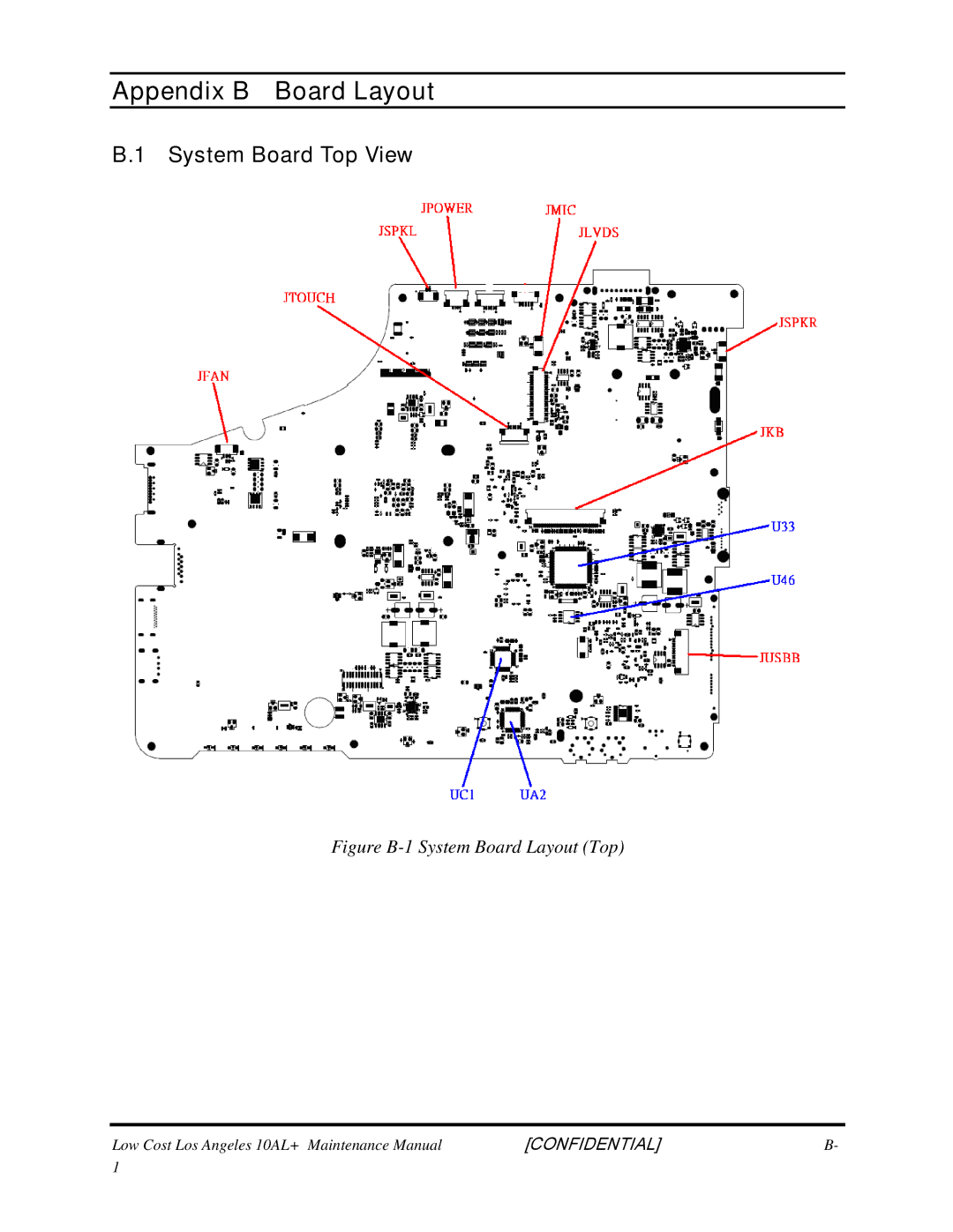 Toshiba PROL450D manual System Board Top View, Figure B-1 System Board Layout Top 