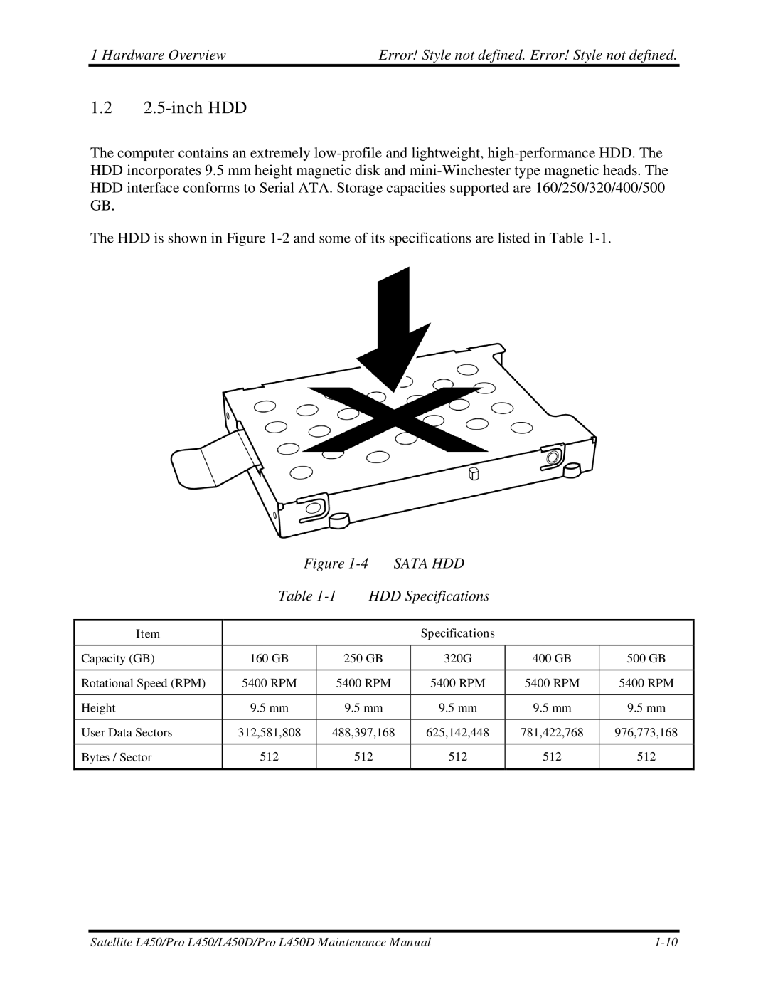 Toshiba PROL450D manual inch HDD, HDD Specifications 