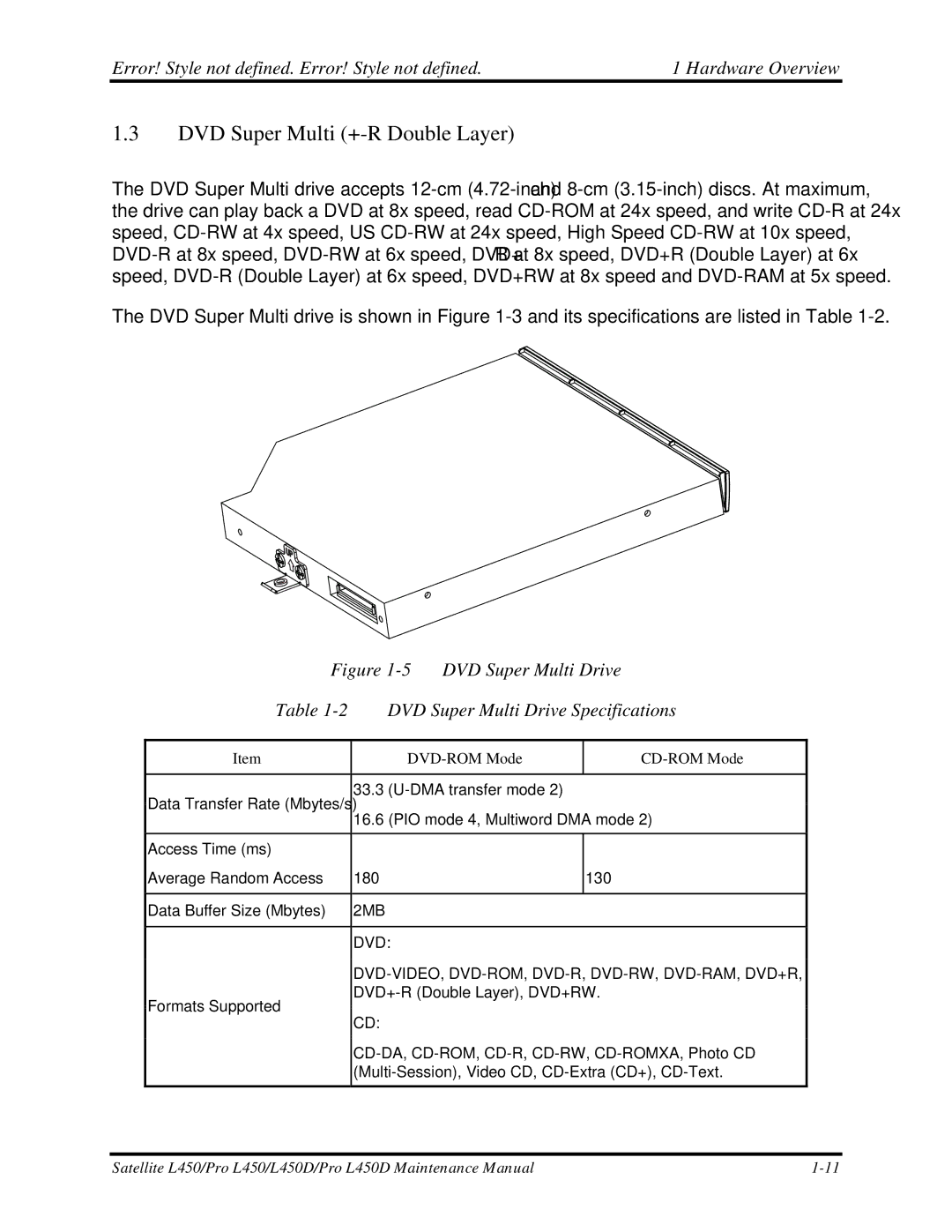 Toshiba PROL450D manual DVD Super Multi +-R Double Layer, DVD Super Multi Drive DVD Super Multi Drive Specifications 