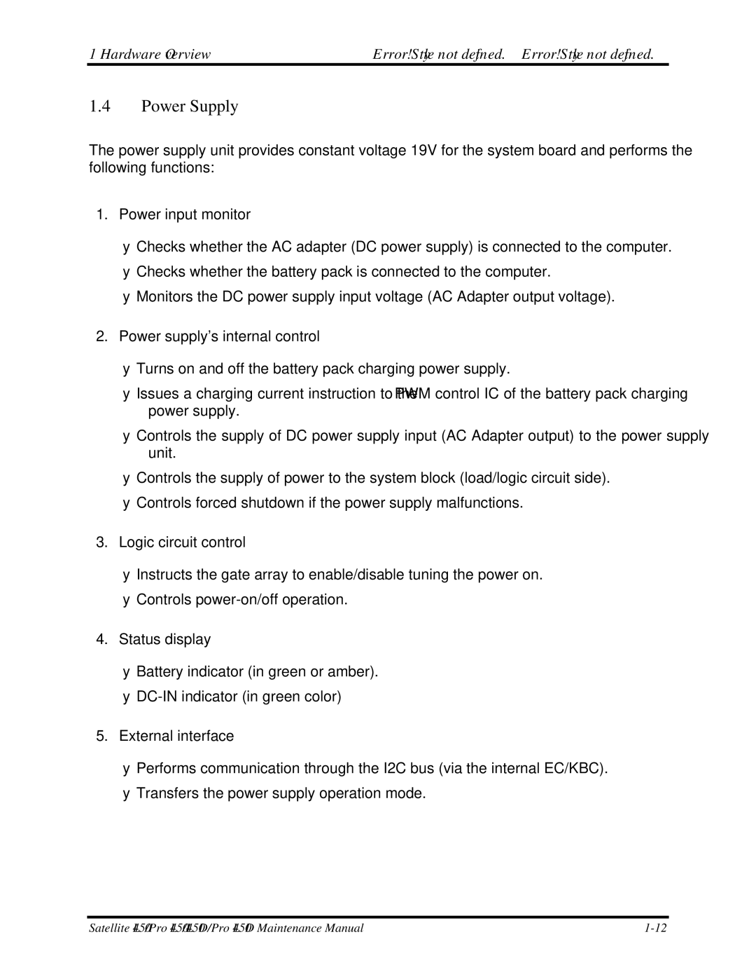 Toshiba PROL450D manual Power Supply 