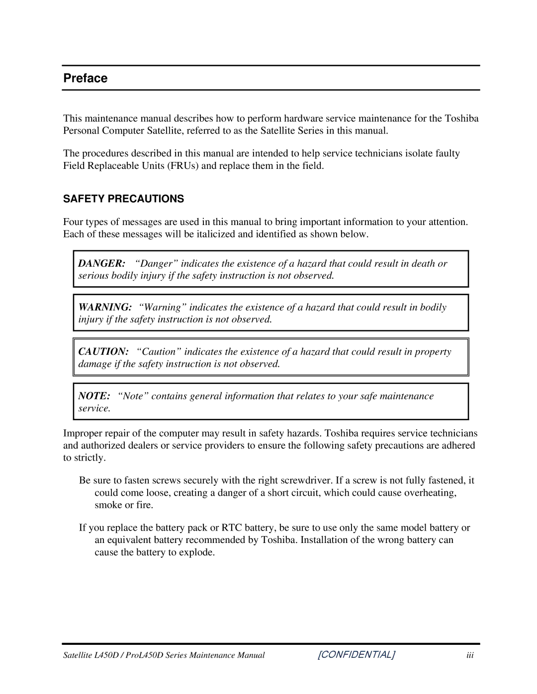 Toshiba PROL450D manual Preface, Safety Precautions 