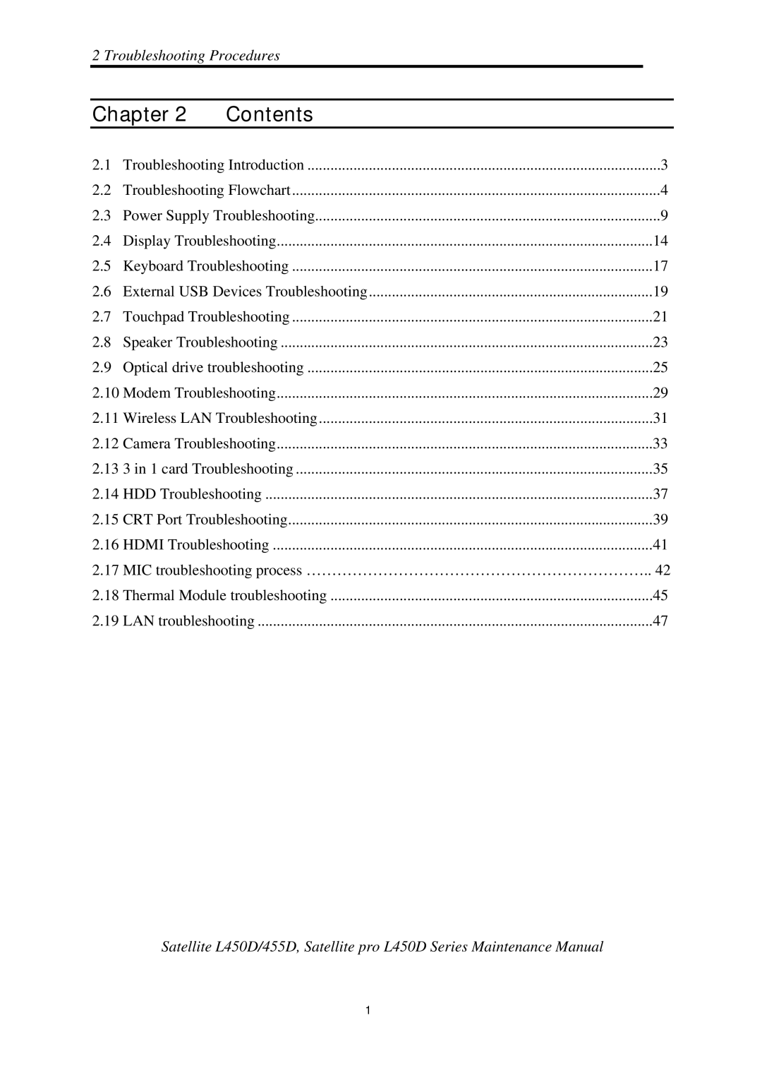 Toshiba PROL450D manual Chapter Contents 