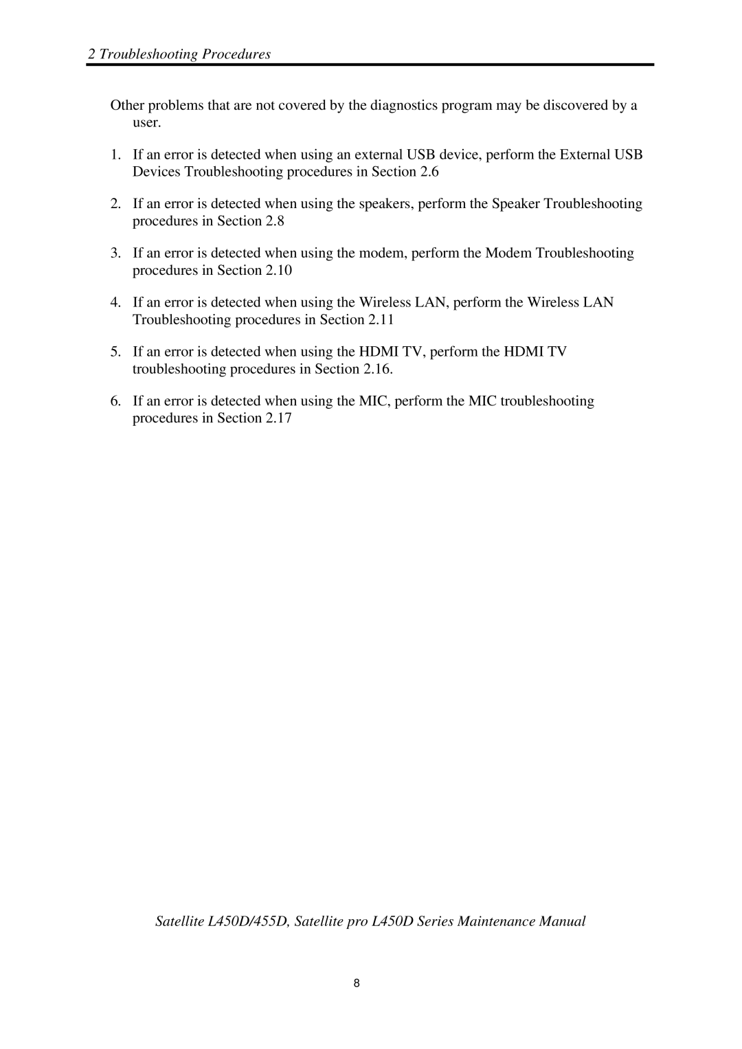 Toshiba PROL450D manual Troubleshooting Procedures 