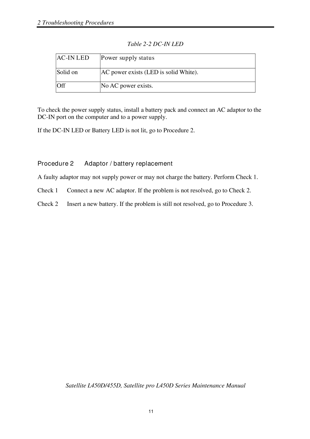 Toshiba PROL450D manual Troubleshooting Procedures DC-IN LED, Procedure 2 Adaptor / battery replacement 