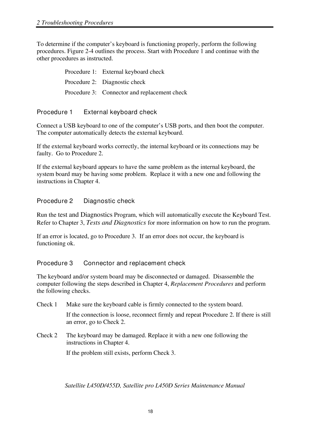 Toshiba PROL450D manual Procedure 1 External keyboard check, Procedure 2 Diagnostic check 