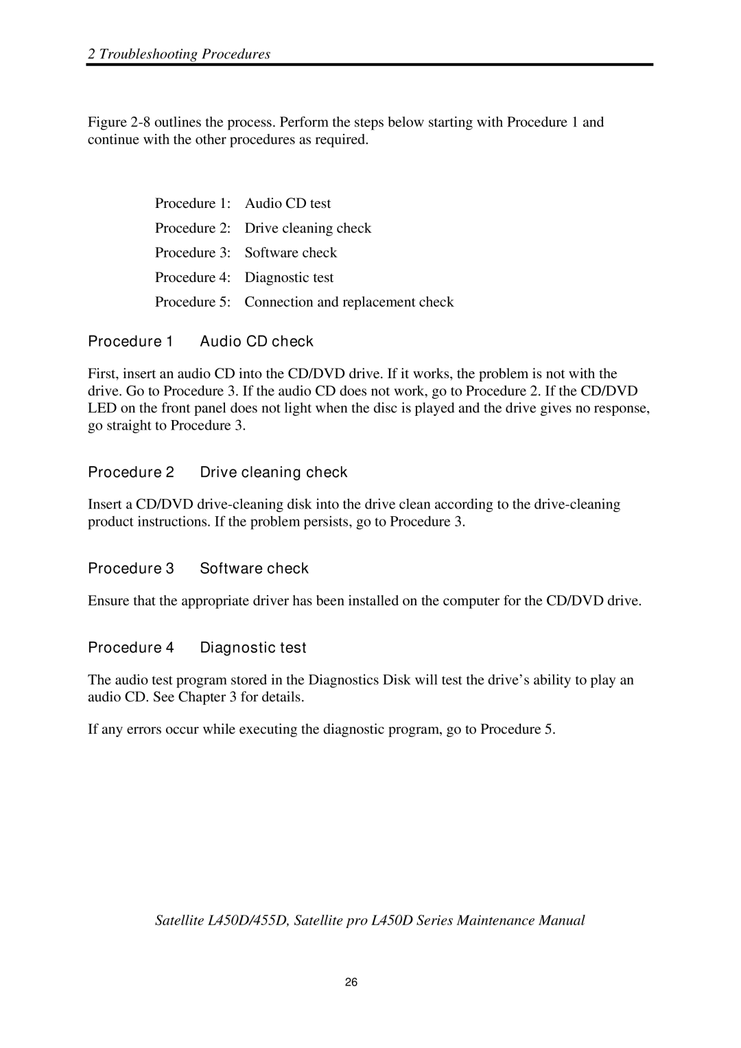 Toshiba PROL450D manual Procedure 1 Audio CD check, Procedure 2 Drive cleaning check, Procedure Diagnostic test 