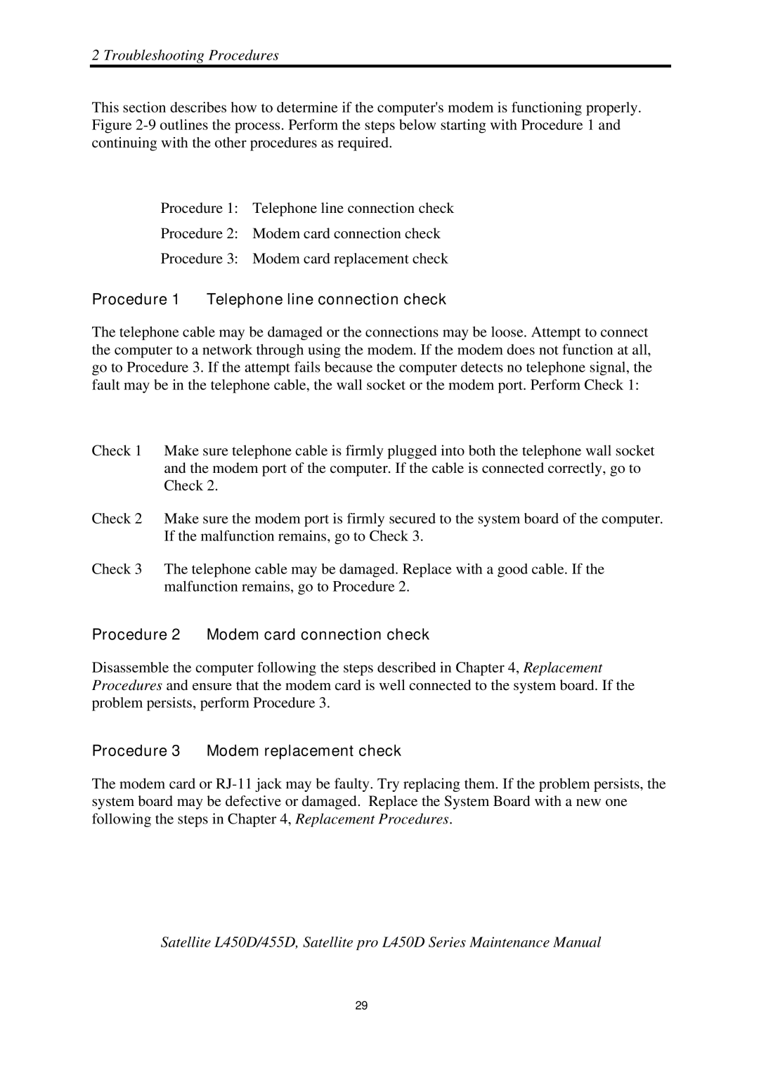 Toshiba PROL450D manual Procedure 1 Telephone line connection check, Procedure 2 Modem card connection check 