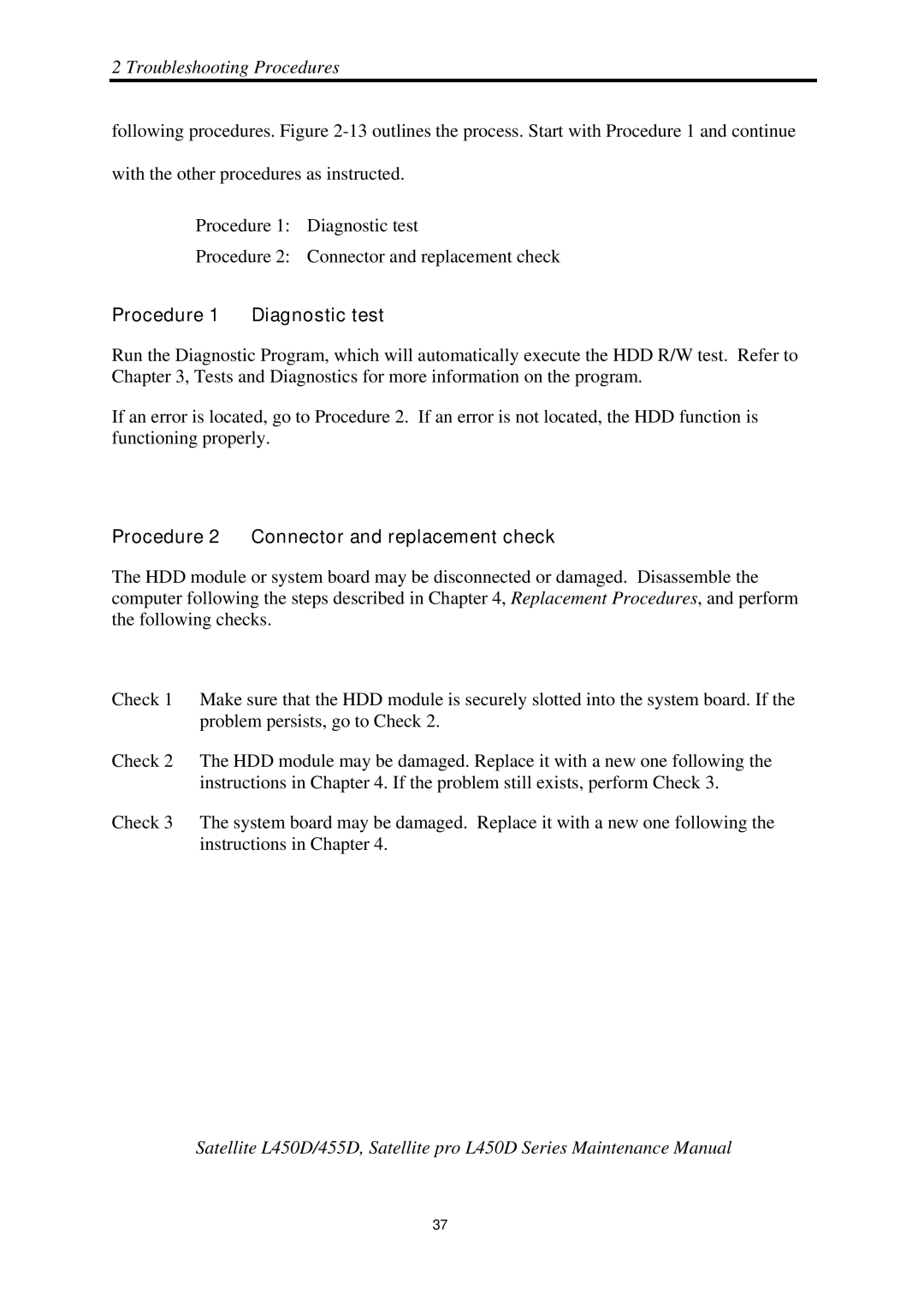 Toshiba PROL450D manual Procedure Diagnostic test 