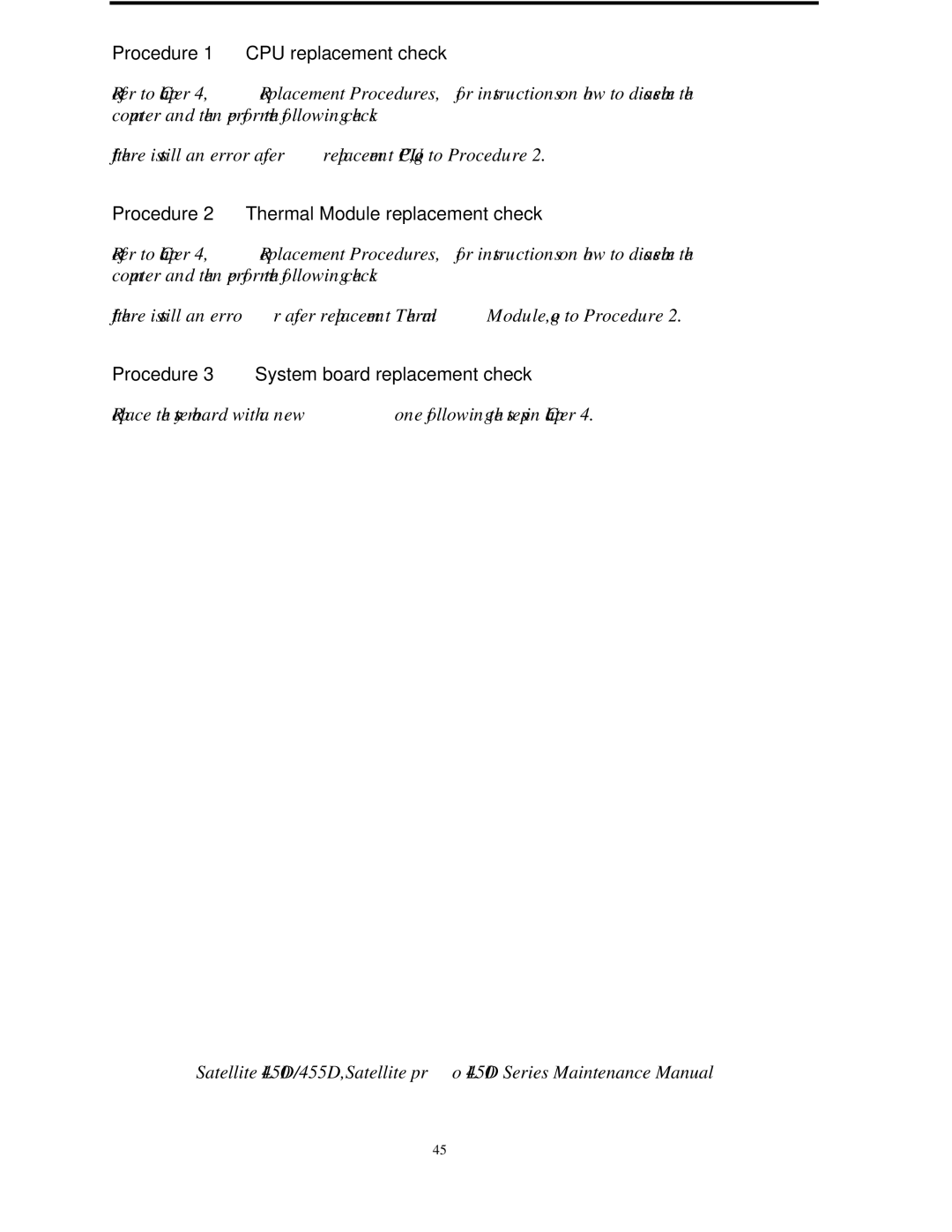 Toshiba PROL450D manual Procedure 1 CPU replacement check, Procedure 2 Thermal Module replacement check 