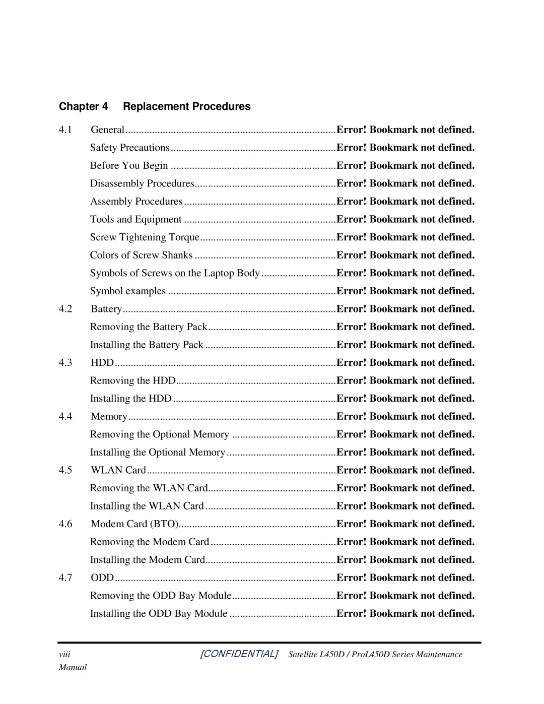 Toshiba PROL450D manual Replacement Procedures 