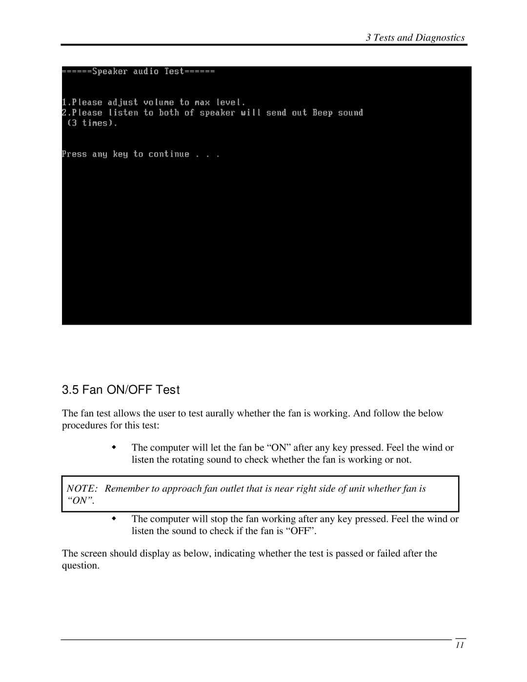 Toshiba PROL450D manual Fan ON/OFF Test 