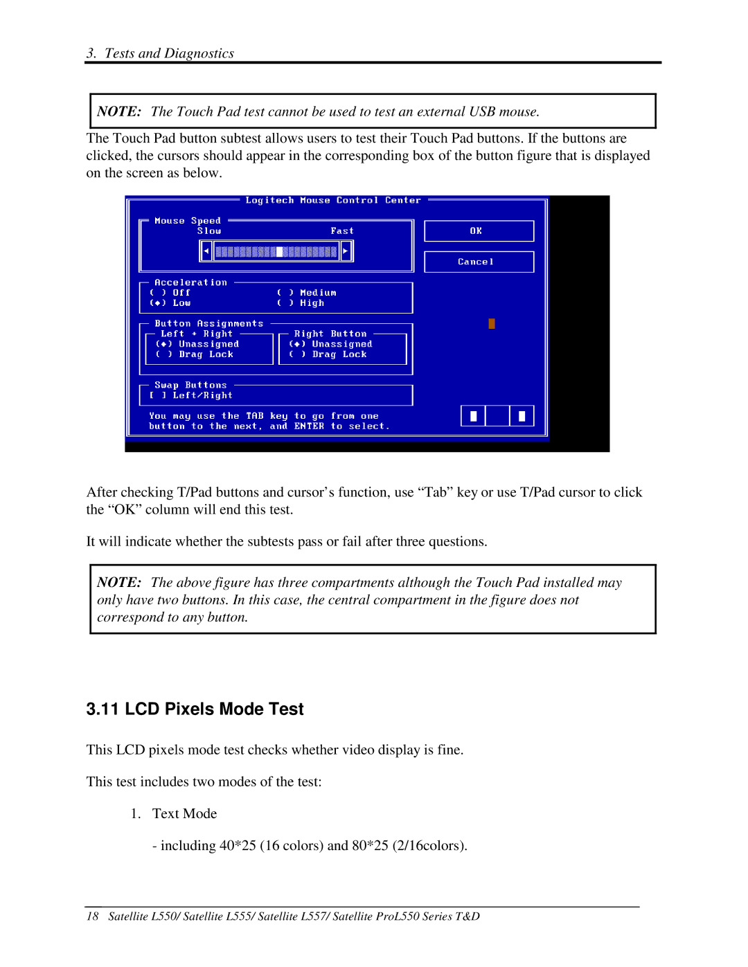 Toshiba PROL550 manual 11LCDPixelsModeTest, TestsandDiagnostics 