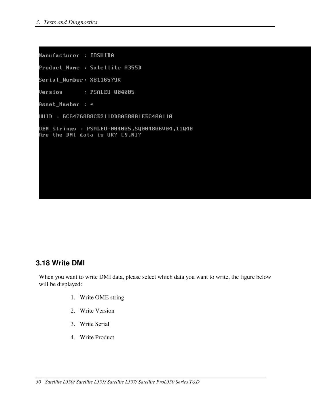 Toshiba PROL550 manual 18WriteDMI, WriteOMEstring WriteVersion WriteSerial WriteProduct 