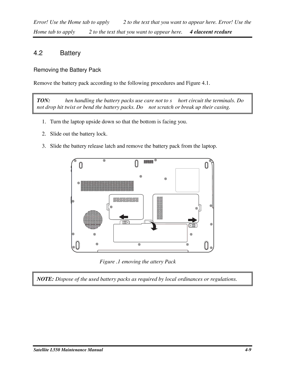 Toshiba PROL550 manual RemovingtheBatteryPack 