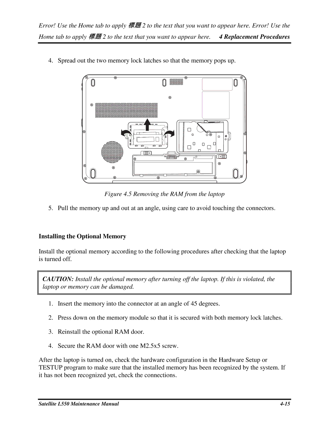 Toshiba PROL550 manual Spreadoutthetwomemorylocklatchessothatthememorypopsup, InstallingtheOptionalMemory 