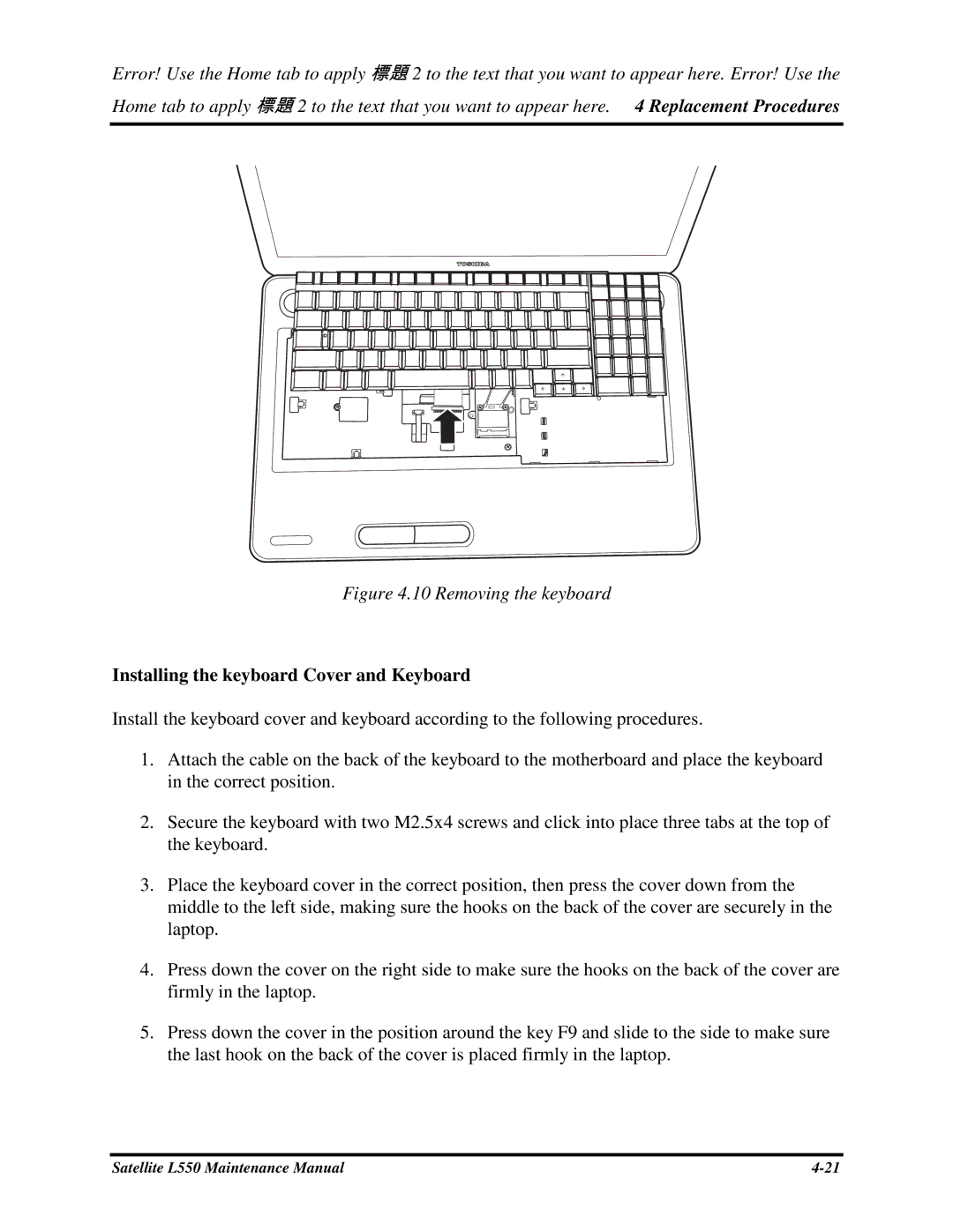 Toshiba PROL550 manual 10Removingthekeyboard, InstallingthekeyboardCoverandKeyboard 