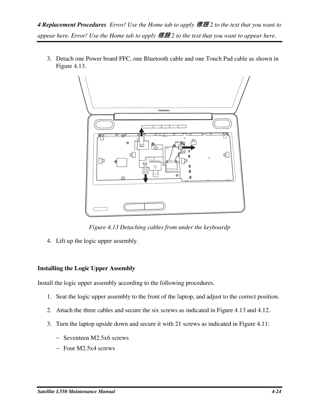 Toshiba PROL550 manual Liftupthelogicupperassembly, InstallingtheLogicUpperAssembly 