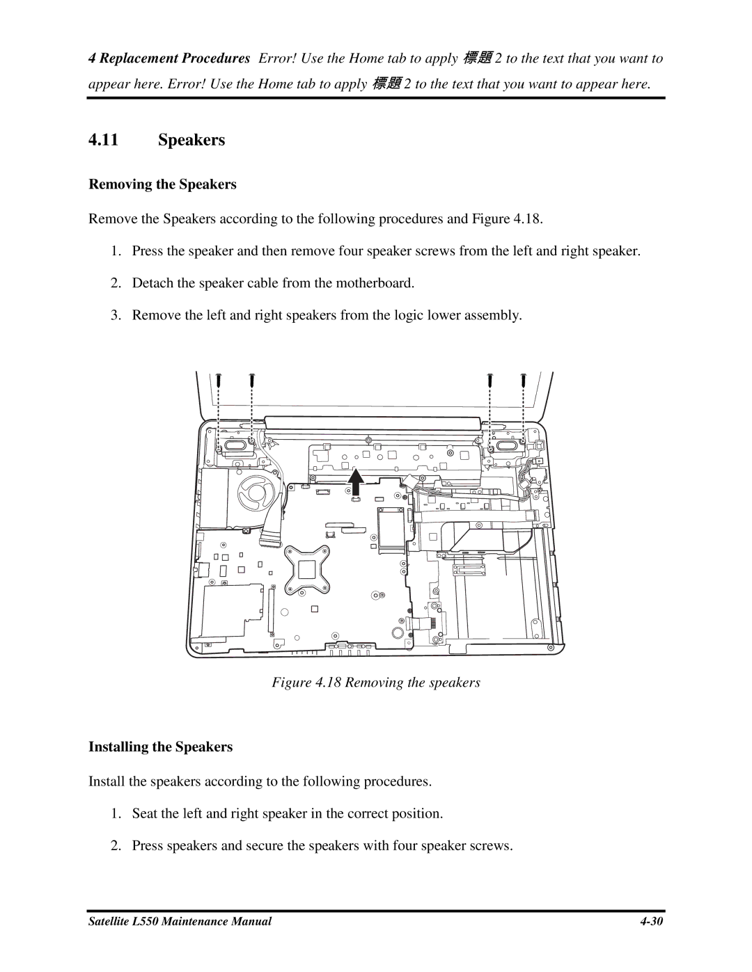 Toshiba PROL550 manual RemovingtheSpeakers, InstallingtheSpeakers 