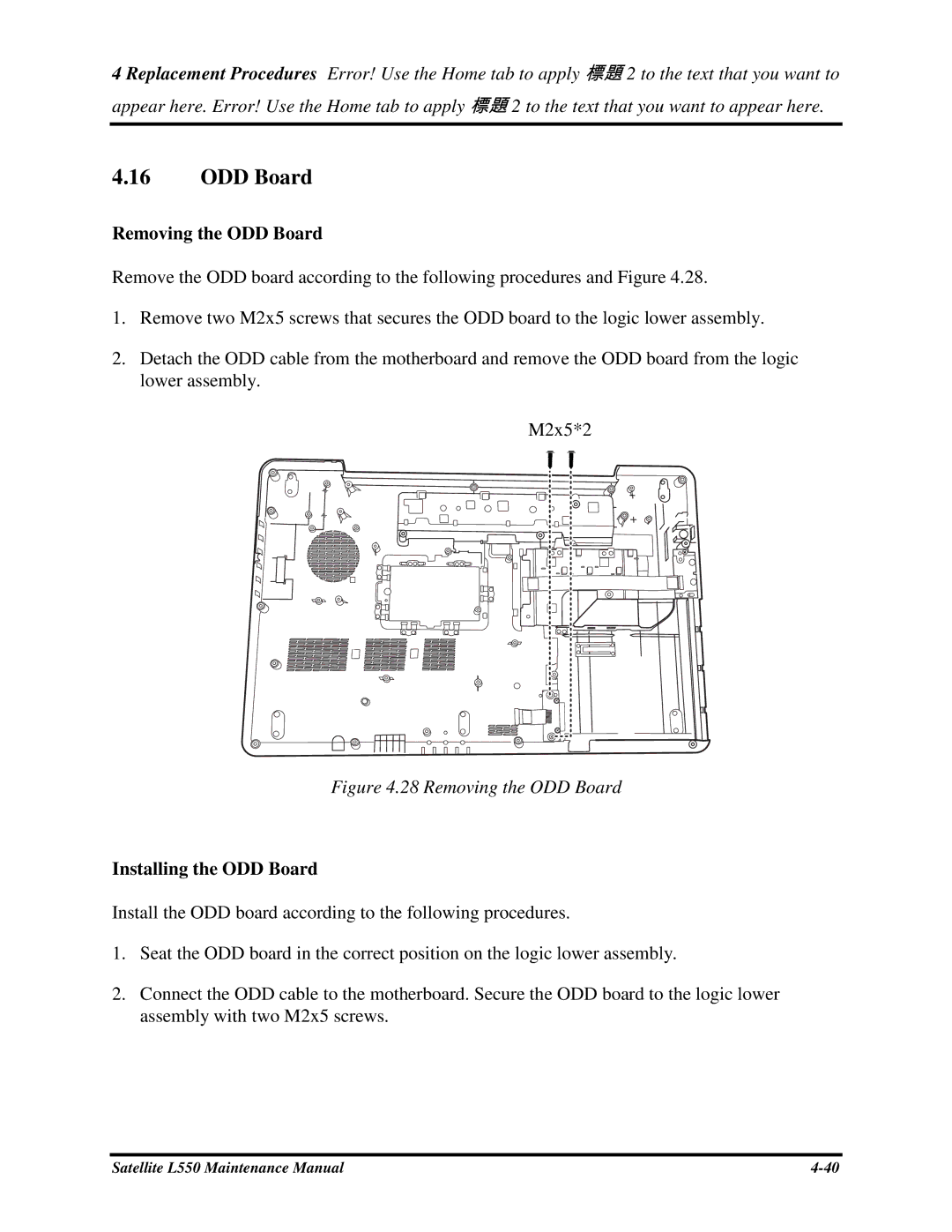 Toshiba PROL550 manual RemovingtheODDBoard, InstallingtheODDBoard 