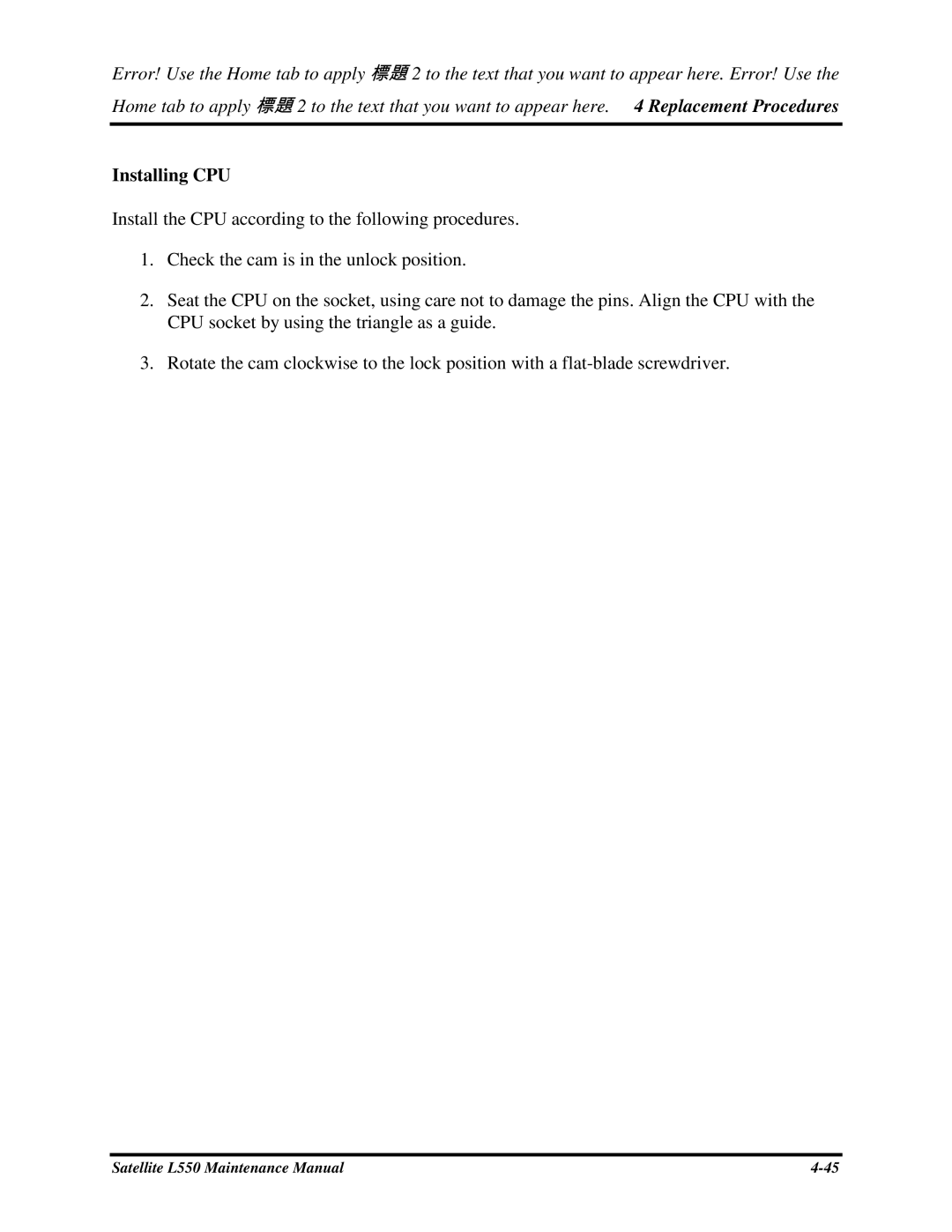 Toshiba PROL550 manual InstallingCPU 