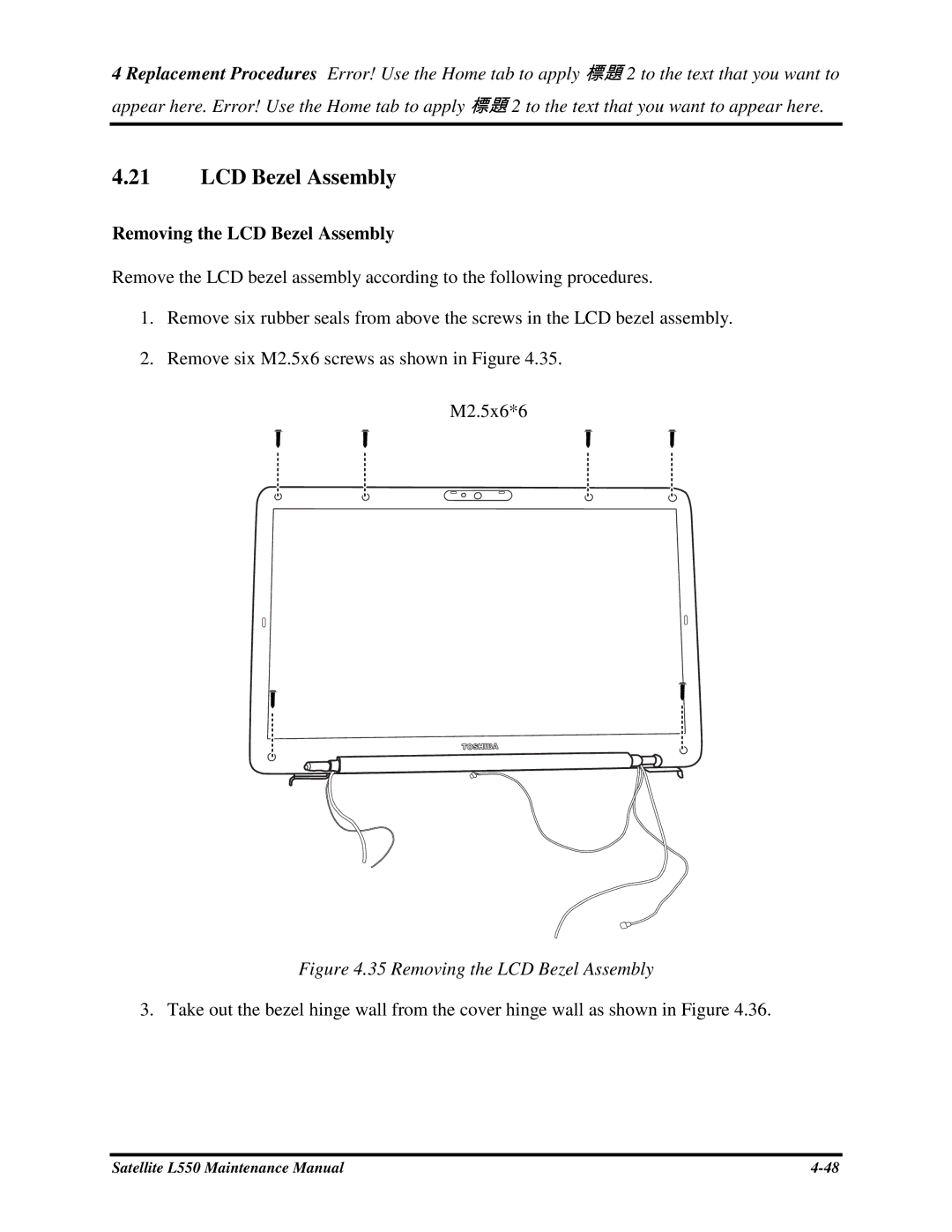 Toshiba PROL550 manual RemovingtheLCDBezelAssembly 