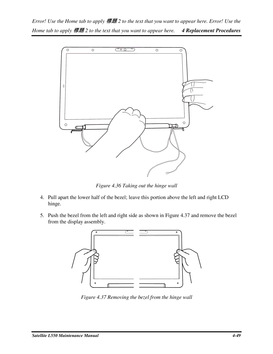 Toshiba PROL550 manual 36Takingoutthehingewall 