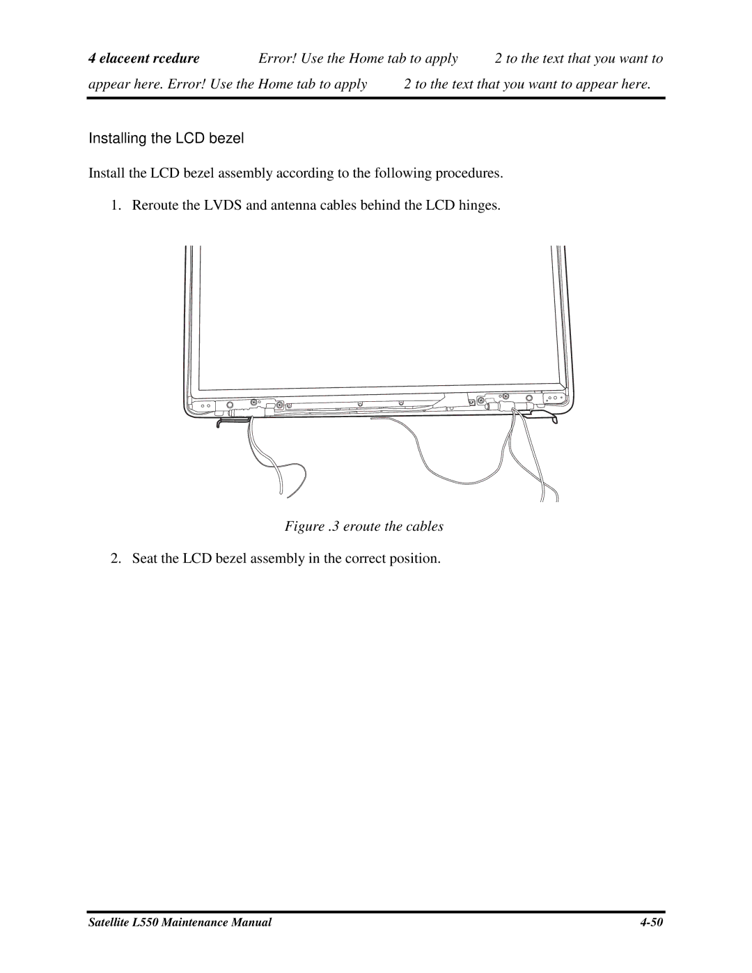 Toshiba PROL550 manual InstallingtheLCDbezel, SeattheLCDbezelassemblyinthecorrectposition 