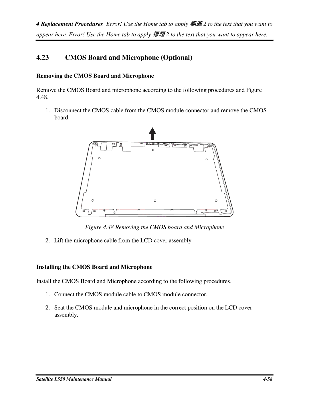 Toshiba PROL550 CMOSBoardandMicrophoneOptional, RemovingtheCMOSBoardandMicrophone, InstallingtheCMOSBoardandMicrophone 