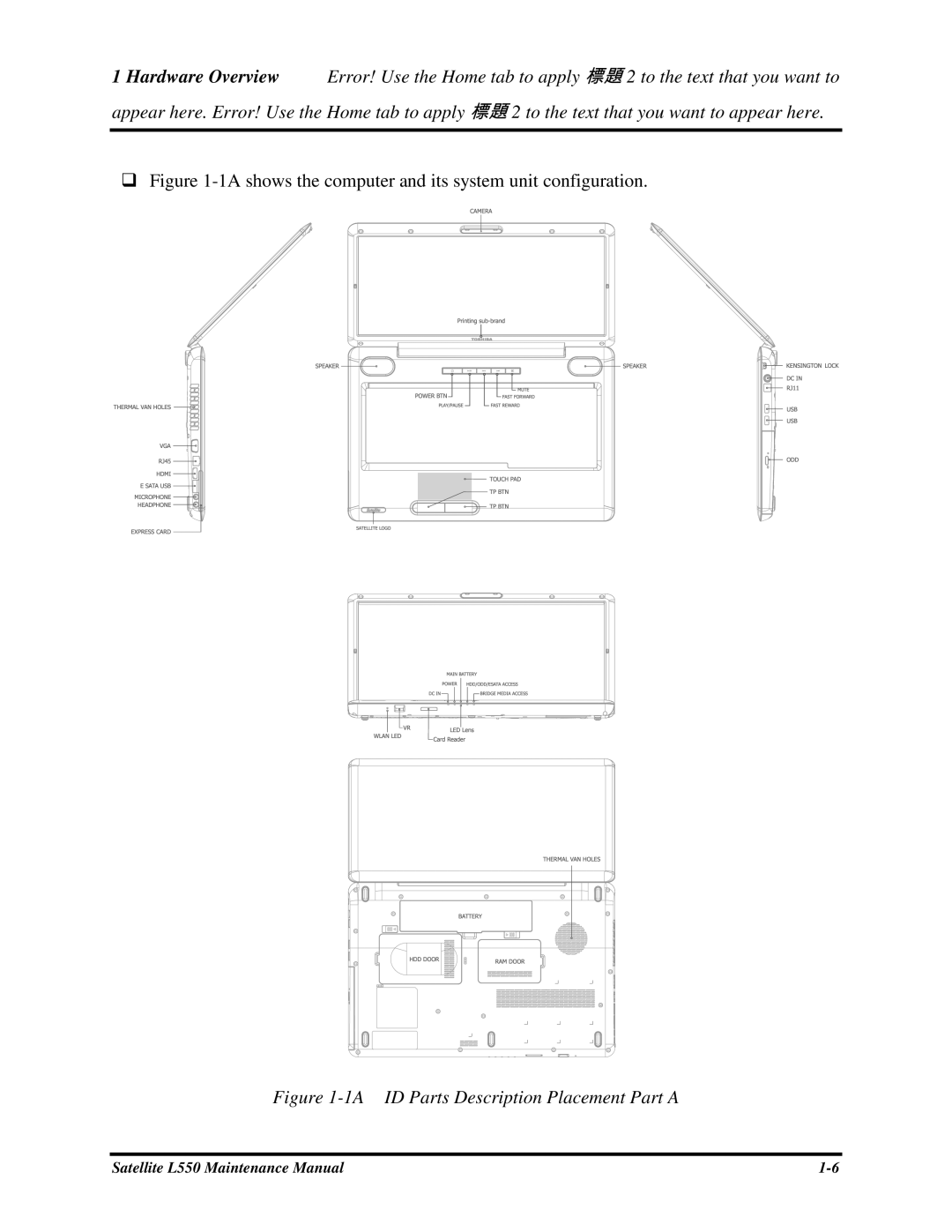 Toshiba PROL550 manual 1AIDPartsDescriptionPlacementPartA 