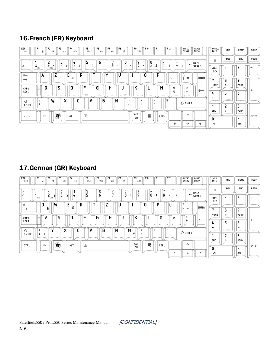 Toshiba PROL550 manual French FR Keyboard German GR Keyboard 