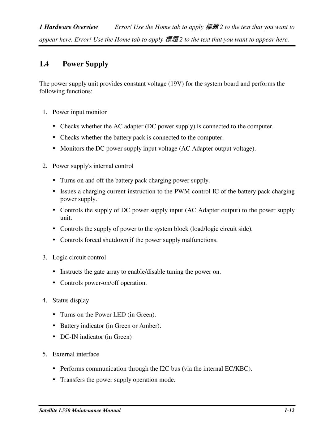 Toshiba PROL550 manual PowerSupply 