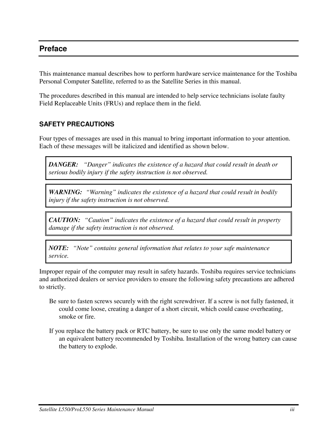 Toshiba PROL550 manual Preface, Safetyprecautions 