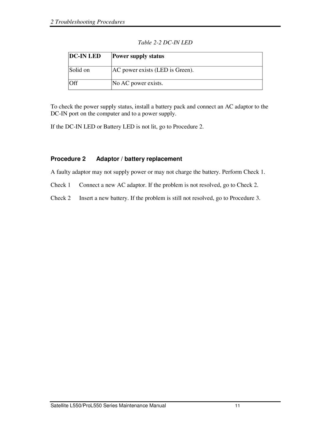 Toshiba PROL550 manual Dc-Inled, Procedure2 Adaptor/batteryreplacement 