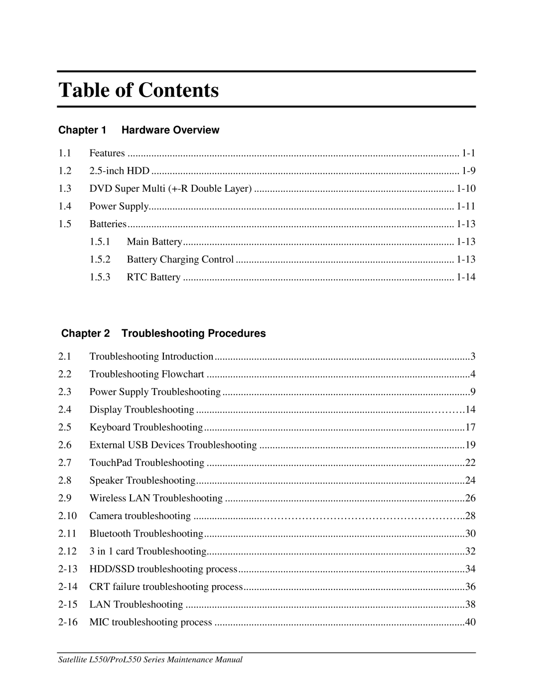 Toshiba PROL550 manual TableofContents 