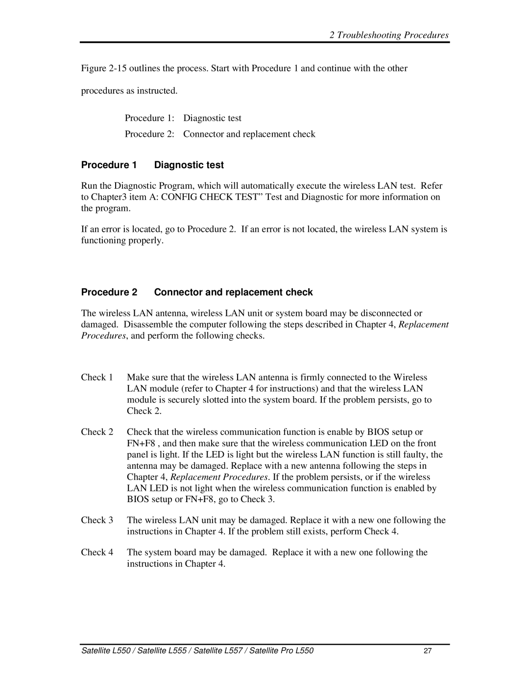 Toshiba PROL550 manual Procedure1 Diagnostictest, Procedure2 Connectorandreplacementcheck 