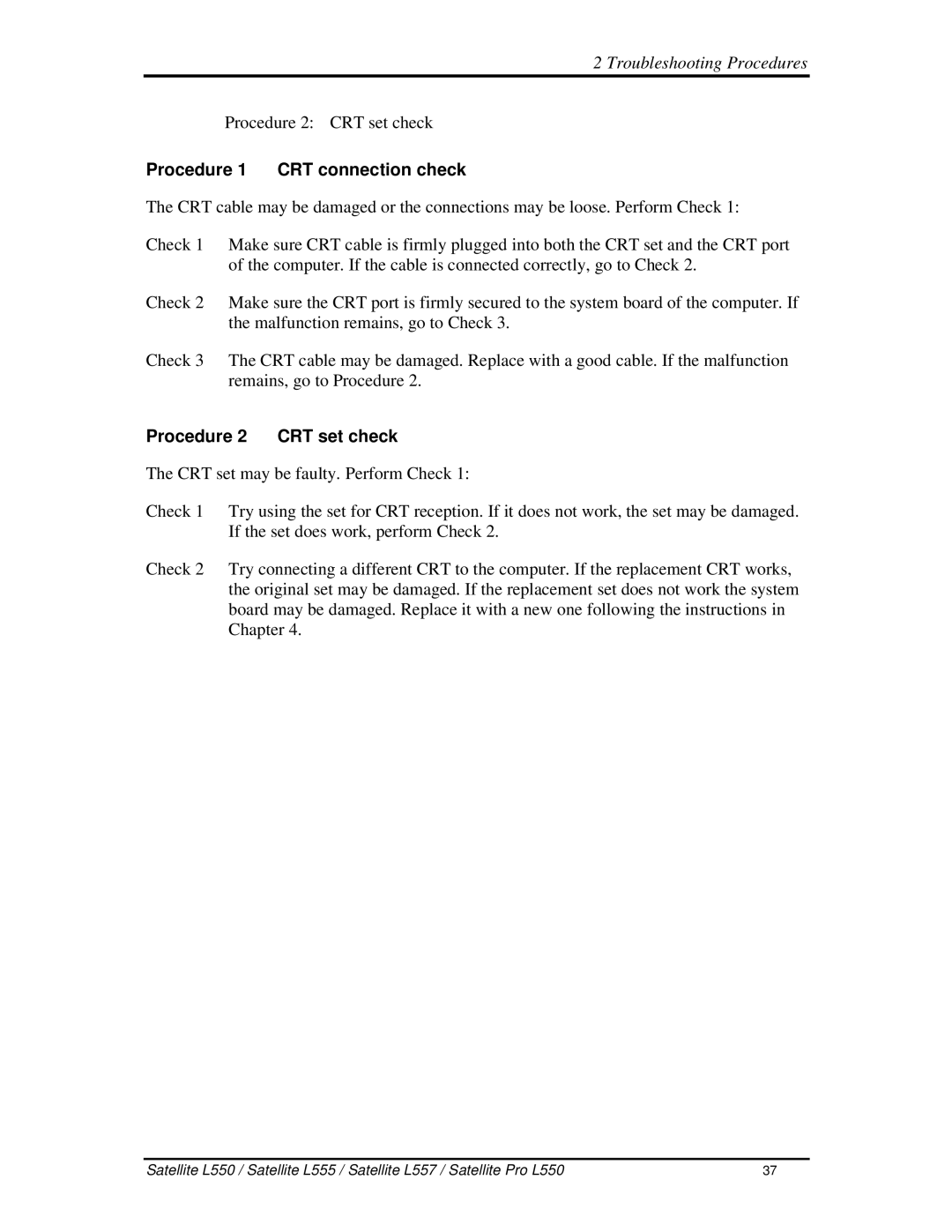 Toshiba PROL550 manual Procedure1 CRTconnectioncheck, Procedure2 CRTsetcheck 