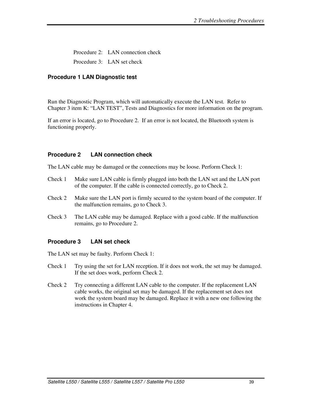 Toshiba PROL550 manual Procedure1LANDiagnostictest, Procedure2 LANconnectioncheck, Procedure3 LANsetcheck 