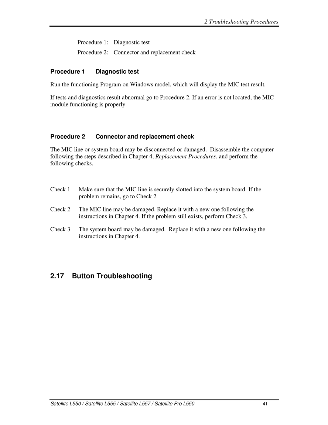 Toshiba PROL550 manual 17ButtonTroubleshooting, Procedure1 Diagnostictest 