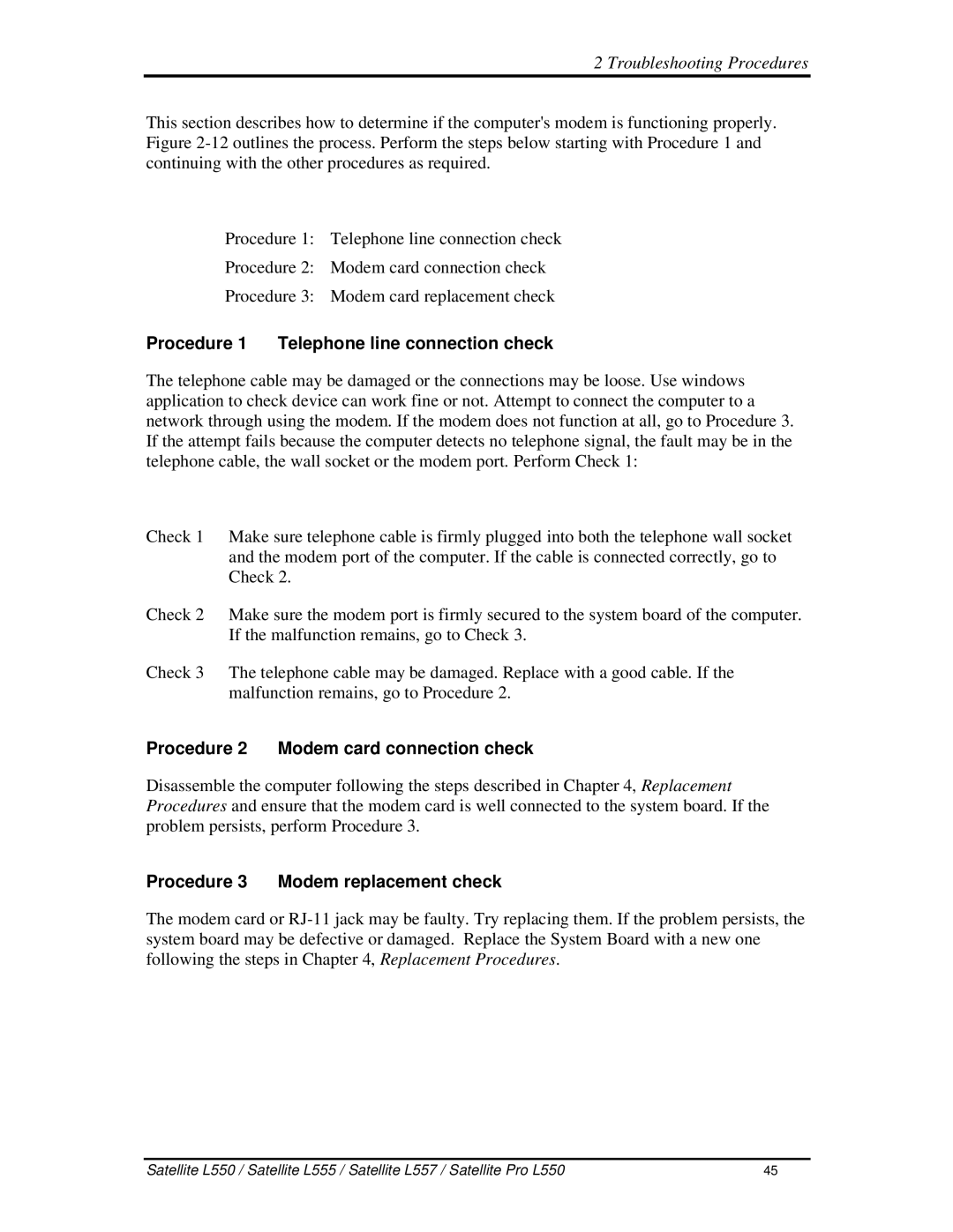 Toshiba PROL550 manual Procedure1 Telephonelineconnectioncheck, Procedure2 Modemcardconnectioncheck 